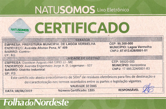 Prefeitura recebe certificado pela realização da Campanha Dia do Descarte Consciente