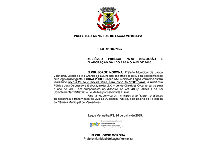 Prefeitura convoca população para audiência pública da LDO 2026 em Lagoa Vermelha