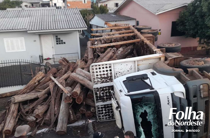 Motorista evita tragédia ao tombar caminhão carregado com toras em rua íngreme de Tapejara